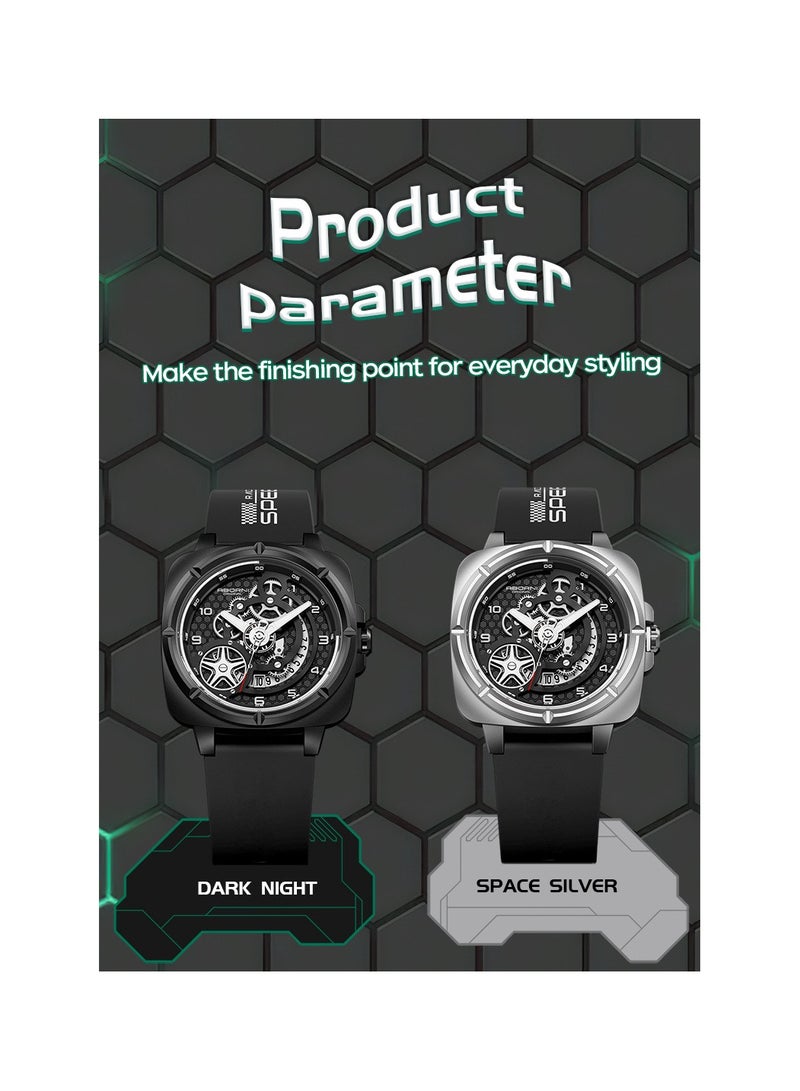xozgdovg Men's mechanical wind sports trend watch national wind luminous waterproof silicone belt quartz watch/ YBN5007 black tape with silver shell  - Image 3