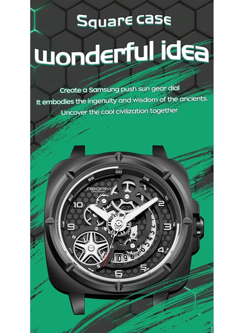 xozgdovg Men's mechanical wind sports trend watch national wind luminous waterproof silicone belt quartz watch/ YBN5007 black tape with silver shell  - Image 4