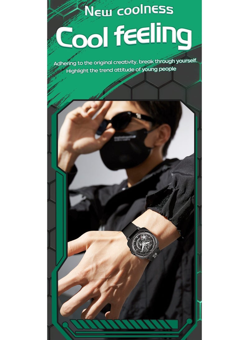 xozgdovg Men's mechanical wind sports trend watch national wind luminous waterproof silicone belt quartz watch/ YBN5007 black tape with silver shell  - Image 5