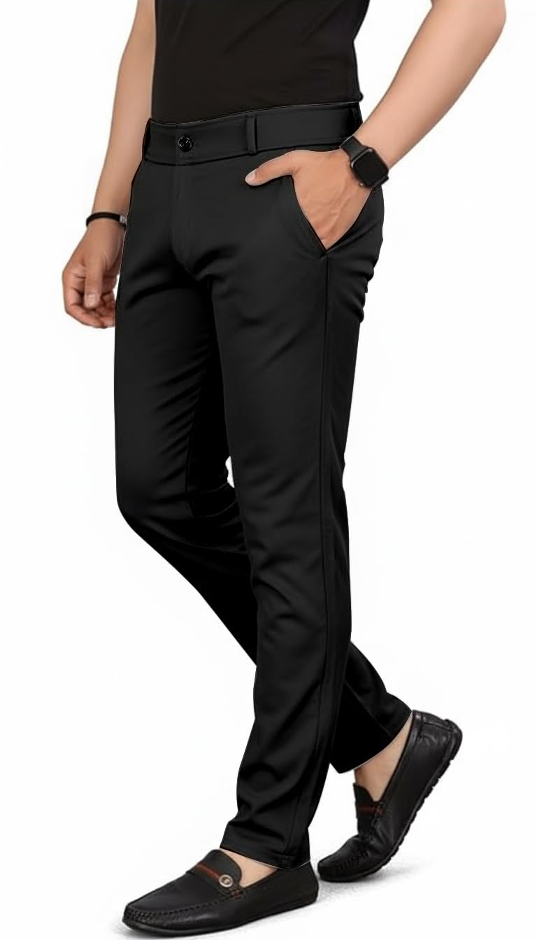 VALLEY Men's Slim Fit Casual Mid Rise Trousers, Cotton Blend, Side Pockets || Classic Slim Fit Chino Pants || Business Casual Dress Trousers (in, Alpha, 2XL, Regular, Black) - Image 3