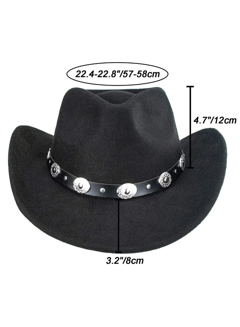 Unisex Black Felt Western Cowboy Hat with Metal Buckle Belt, Wide Brim Fedora (57-58cm) - Image 3