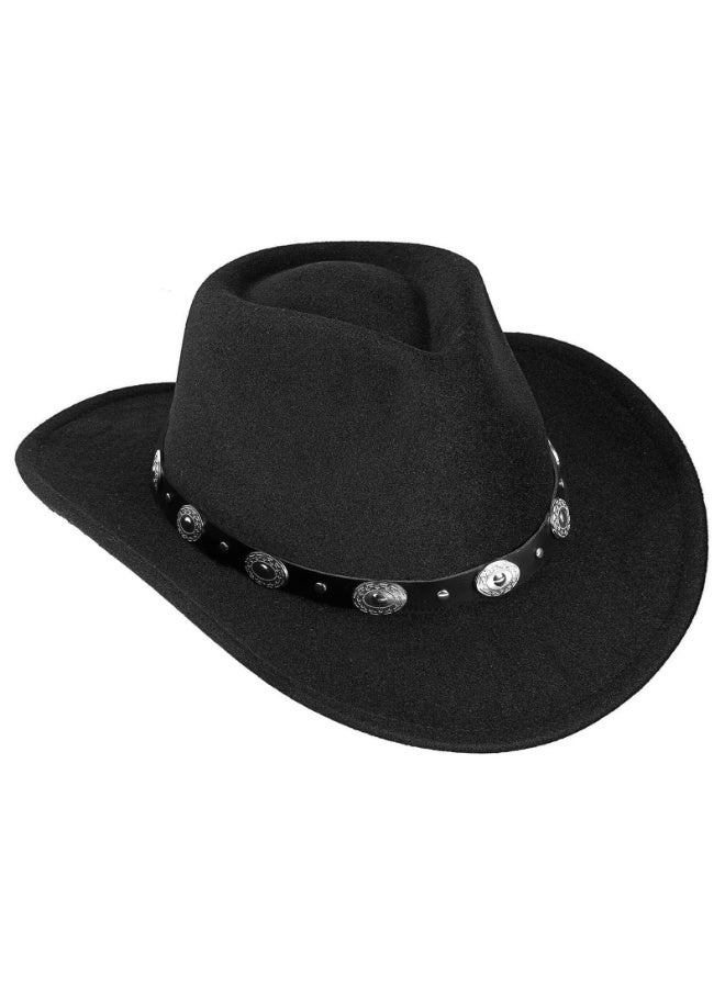 Unisex Black Felt Western Cowboy Hat with Metal Buckle Belt, Wide Brim Fedora (57-58cm) - Image 1