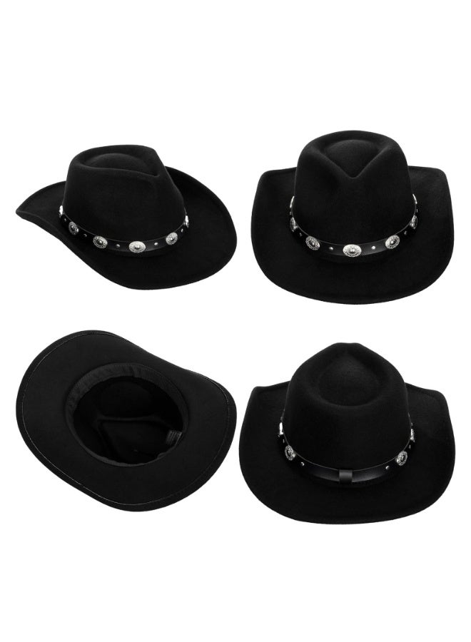 Unisex Black Felt Western Cowboy Hat with Metal Buckle Belt, Wide Brim Fedora (57-58cm) - Image 2