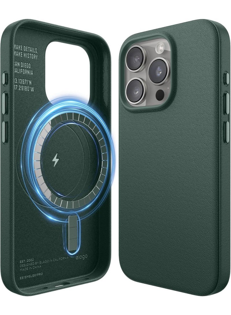 Elago Magnetic Leather for iPhone 15 Pro Max Case Cover Compatible with MagSafe, Vegan Leather, Shockproof, Water-Resistant - Midnight Green - Image 1