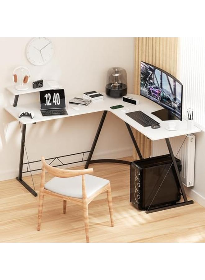 SKY-TOUCH L Shaped Desk Gaming Desk With Large Monitor Stand Corner Computer Desk For Home Office Study Writing Workstation White 129 * 129 * 74 Cm - Image 2