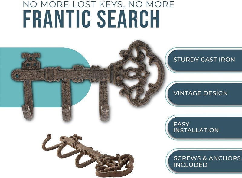 Comfify Decorative Skeleton Key Hook – Wall Mounted Cast Iron with 3 Hooks – Vintage Rustic Style – 7.7" x 4.5" – Includes Screws and Anchors - Image 2