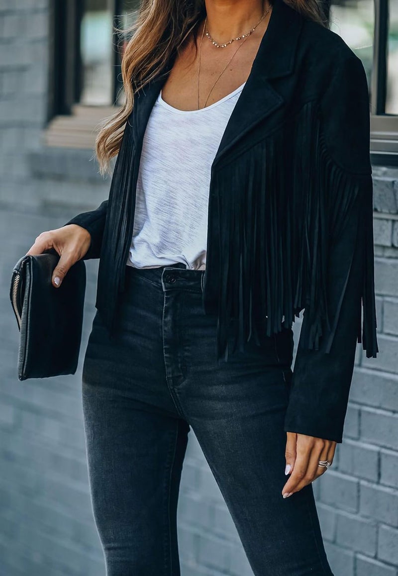 Bibowa Faux Leather Jackets for Women Trendy Cowgirl Outfits Fall Western Fringe Cropped Jacket 2025 Tassel Motorcycle Crop Coats Winter Black M - Image 3