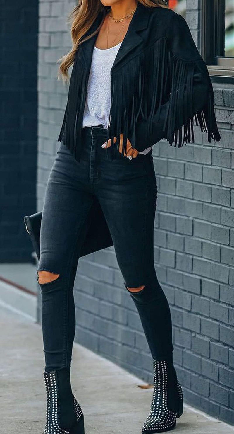 Bibowa Faux Leather Jackets for Women Trendy Cowgirl Outfits Fall Western Fringe Cropped Jacket 2025 Tassel Motorcycle Crop Coats Winter Black M - Image 2