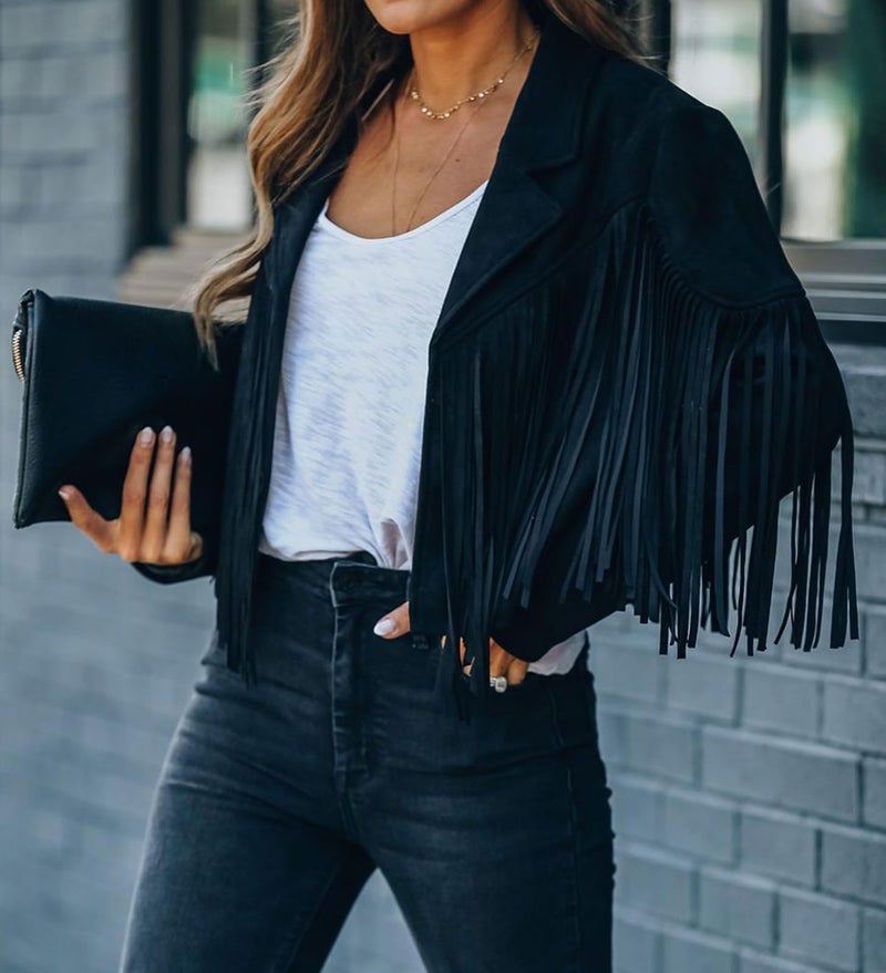 Bibowa Faux Leather Jackets for Women Trendy Cowgirl Outfits Fall Western Fringe Cropped Jacket 2025 Tassel Motorcycle Crop Coats Winter Black M - Image 4