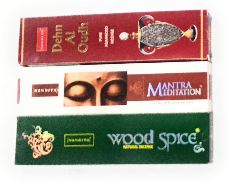 Nandita Acharya Combo of Wood Spice, Dehn Al Oudh, Meditation - Premium Natural Masala Incense - Pack of 6 x 50gm (2 Packs of Each Variety) - Image 1