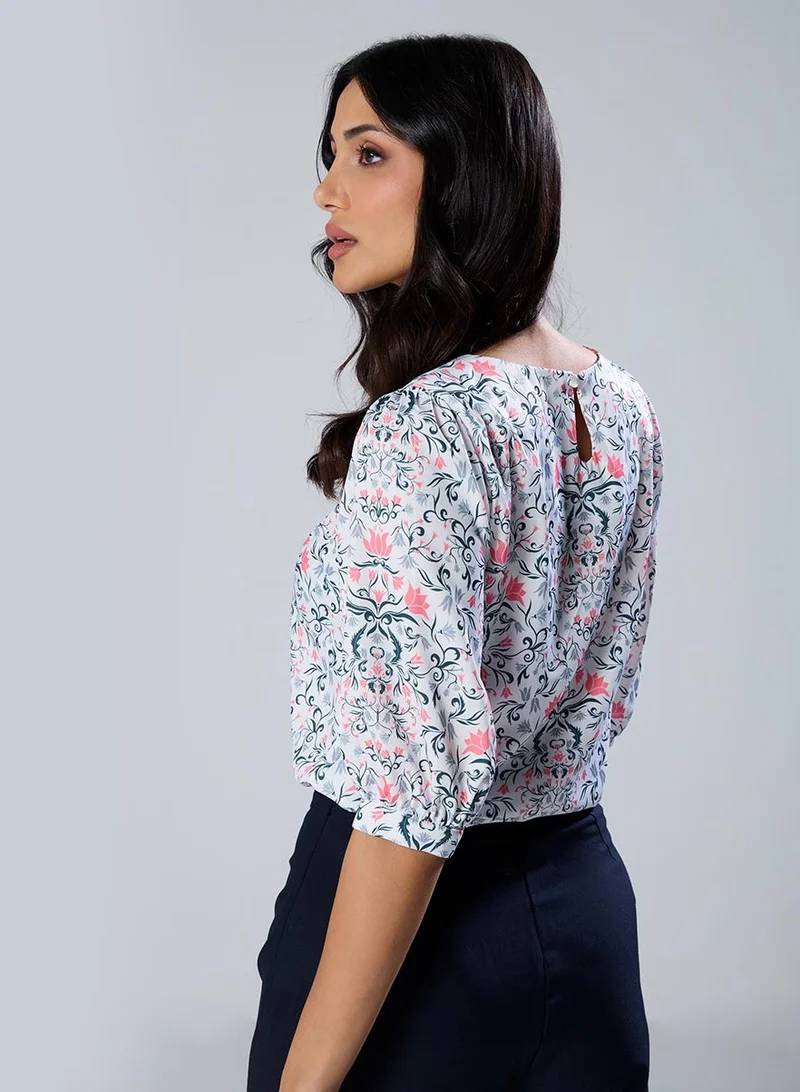 Zigzag Half Sleeve Printed Chiffon Print Top