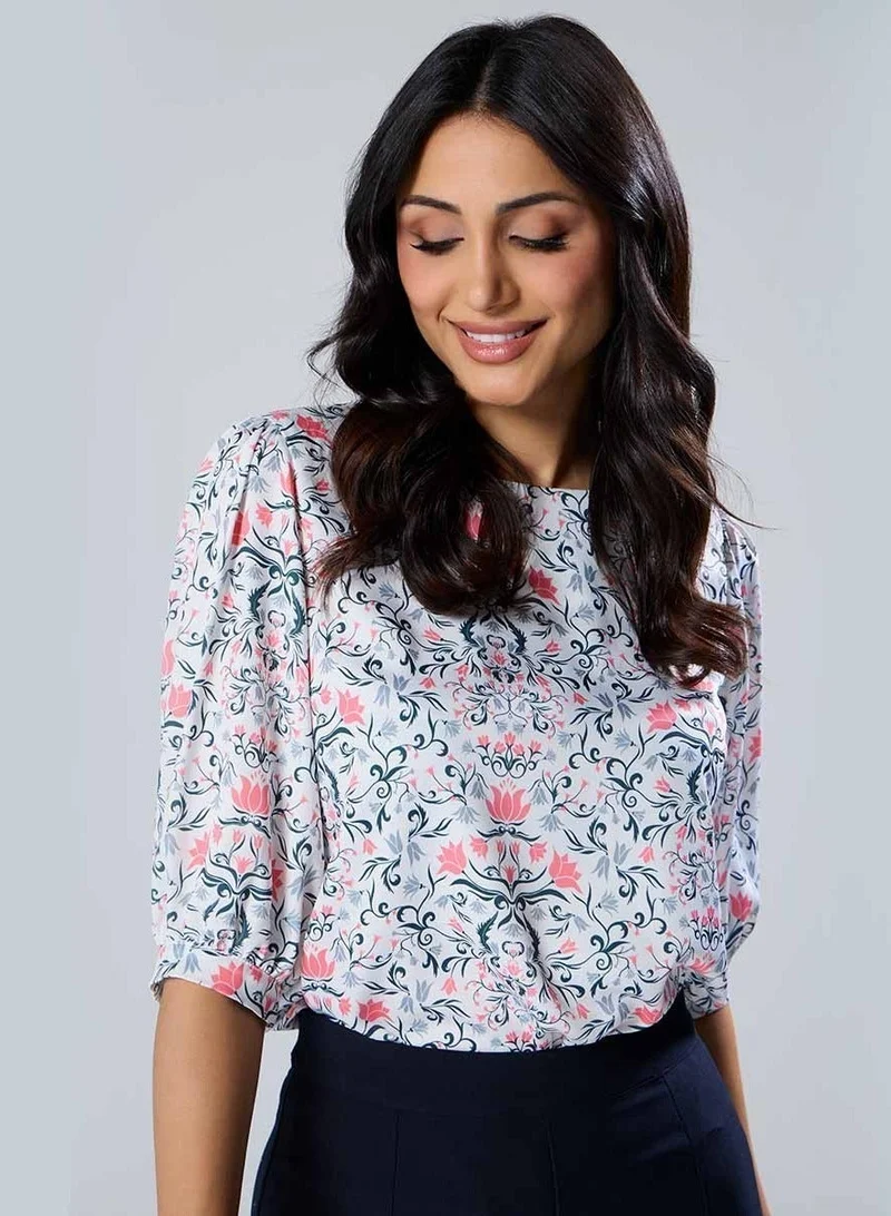 Zigzag Half Sleeve Printed Chiffon Print Top