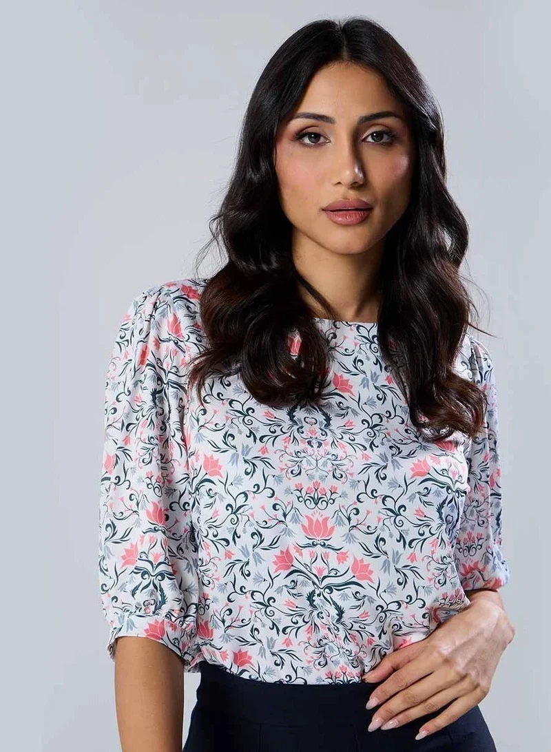 Zigzag Half Sleeve Printed Chiffon Print Top