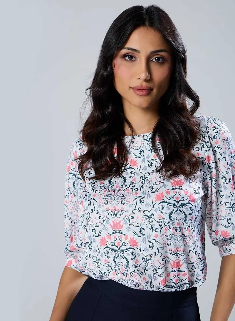 Zigzag Half Sleeve Printed Chiffon Print Top