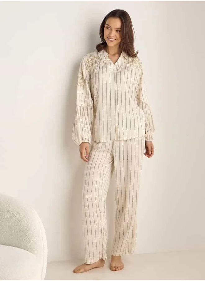 فاف Striped Collar Shirt and Pyjama Set
