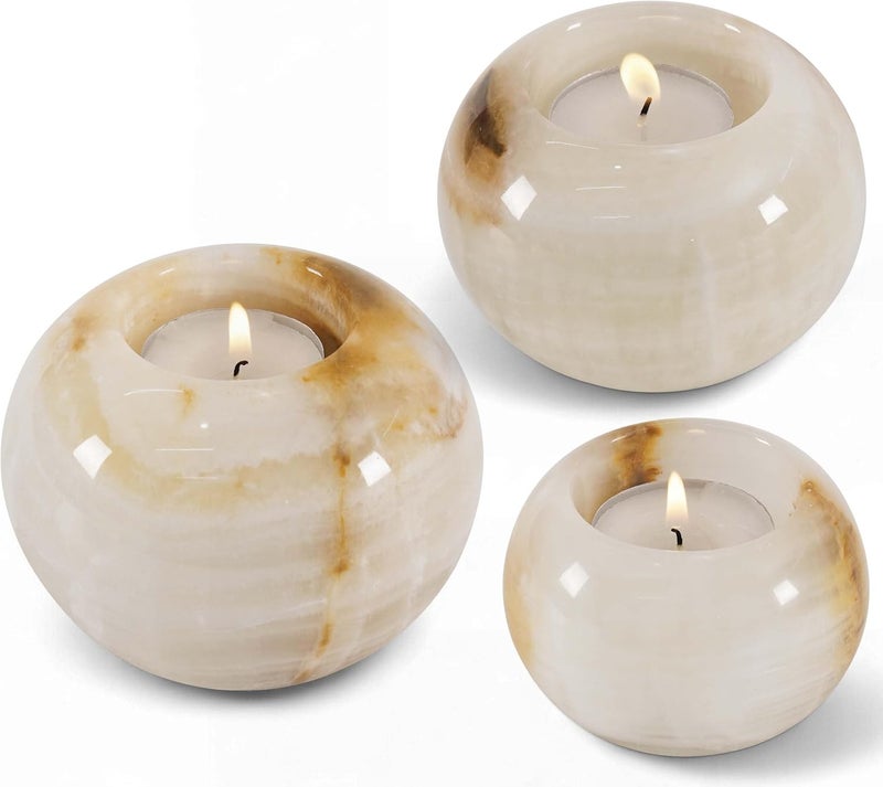 RADICALn Most item matching trendy design Marble Tealight Candle Holder 4" Inch White Onyx Handmade Decorative Votive Candle Holder for Wedding Centerpieces, Elegant Set of 3 Mini Candle Holders for Living Room Spec upgraded improved quality - Image 1
