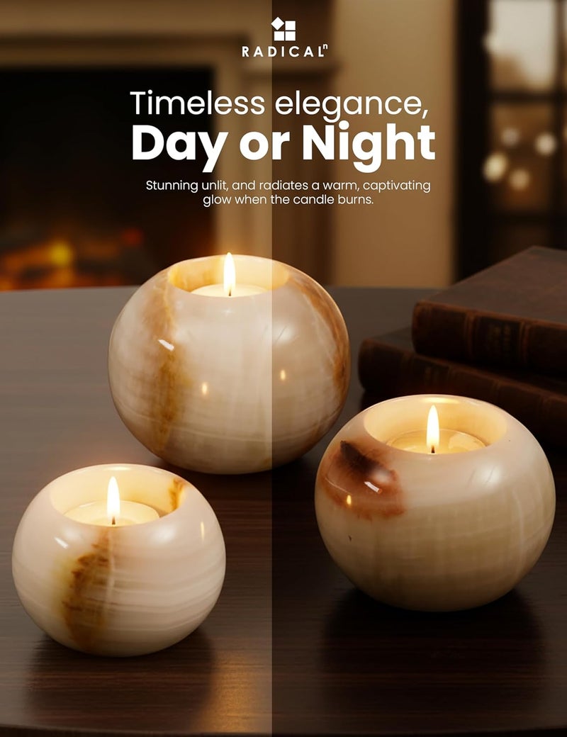 RADICALn Most item matching trendy design Marble Tealight Candle Holder 4" Inch White Onyx Handmade Decorative Votive Candle Holder for Wedding Centerpieces, Elegant Set of 3 Mini Candle Holders for Living Room Spec upgraded improved quality - Image 3