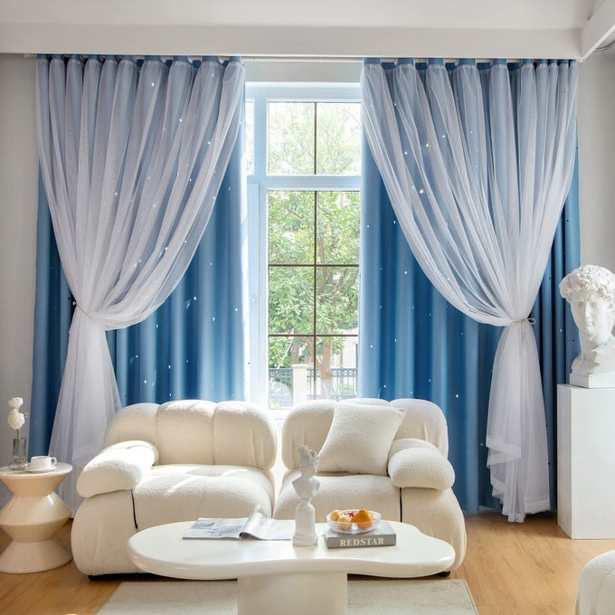 STARS BLACKOUT CURTAINS FOR BEDROOM DOUBLE LAYER KIDS CUTE CURTAINS 84 INCHES LONG 1 PANEL BLUE