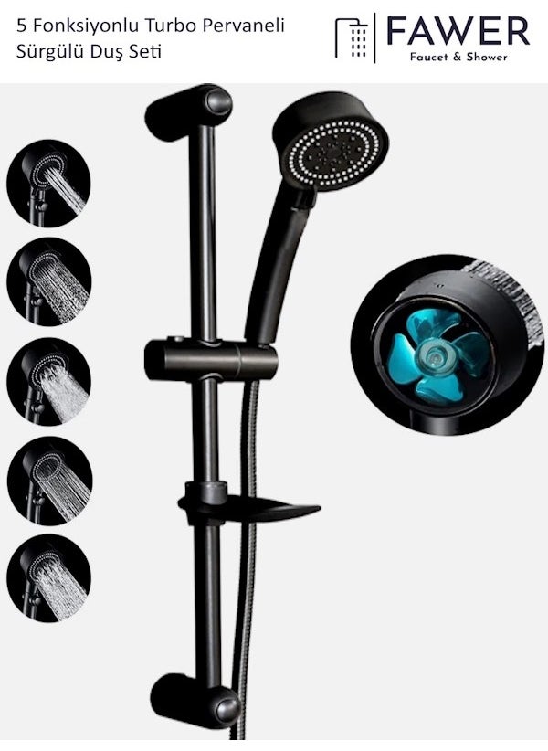 FAWER Faucet & Shower Black 5-Function Sliding Shower Set with Fan, Braided Hose - 410PRV  - Image 1
