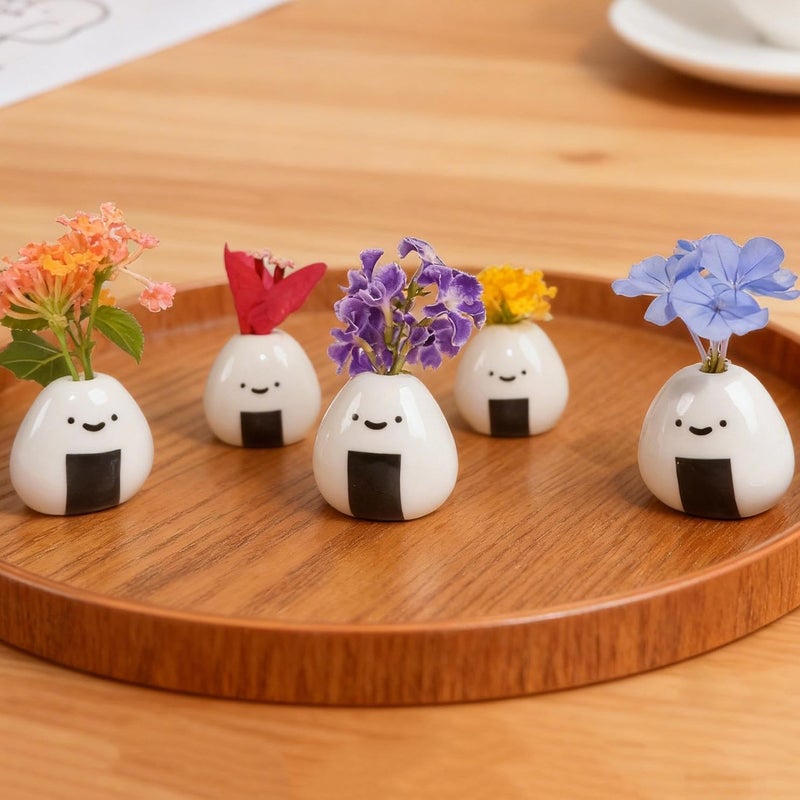 Tnstbiee 5 PCS Mini Onigiri Flower Vase Set - Cute Japanese Handmade Bud Vases Bulk for Dried Flowers, Small Centerpiece Vase for Coffee Table Living Room Home Decor, Unique Japandi Tiny Ceramic Vases - Image 5