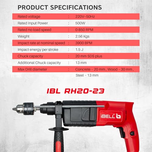 IBELL TOOLS IBELL RH20-23 Rotary Hammer Drill 500W | Copper Armature | SDS Plus 20mm Chuck | 850 RPM | 3900 BPM Impact Rate | 1.5J Impact Energy | Forward & Reverse | Heavy Duty Concrete Drill | 6 Months Warranty - Image 4