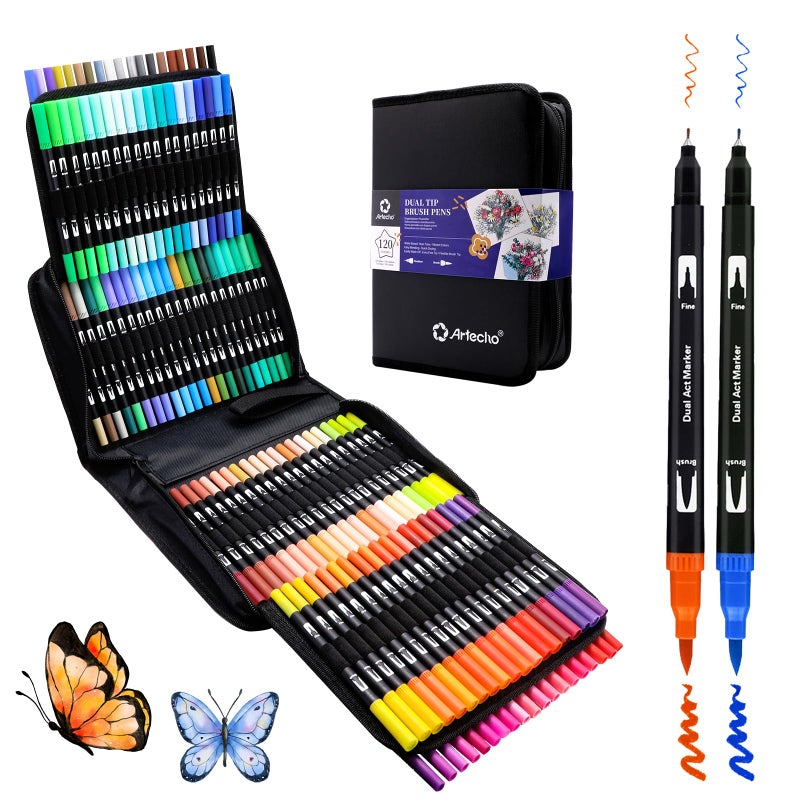 Artecho 120 Colors Markers for Adult Coloring Books, Dual Tip Markers for School, Fine and Brush Tip for Adults Coloring Books, Calligraphy, Drawing, Sketching - Image 1