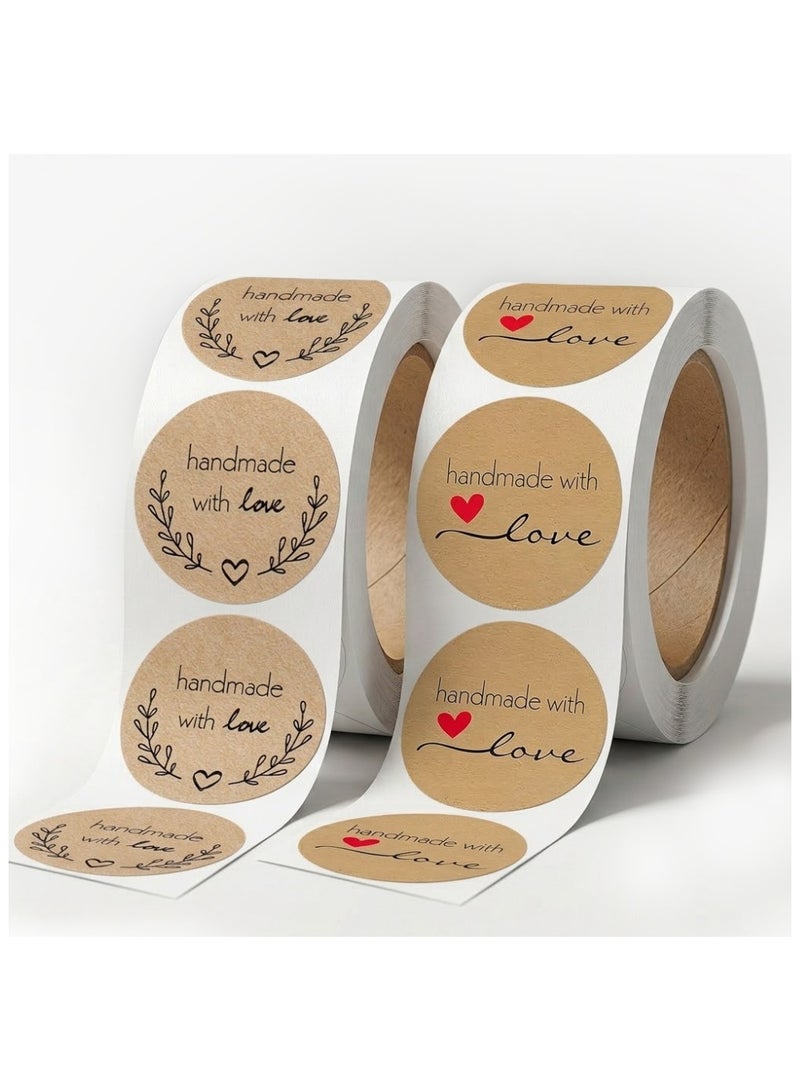 Wownect Brown Kraft Paper Labels Stickers [1 Inch, 1000 Pcs] Handmade With Love – Baking Packaging, Envelope Seals, Gift Wrap, Birthday, Wedding Tags (Pack of 2) - Image 1