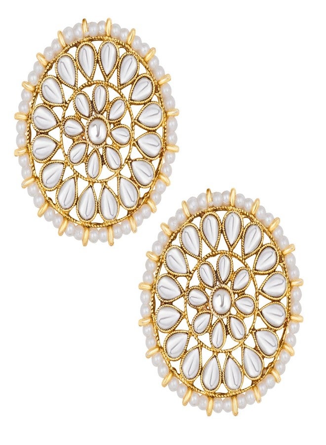 Peora White 18k Gold Plated Kundan Beads Studed Round Stud Earrings for Girls & Women - Image 1