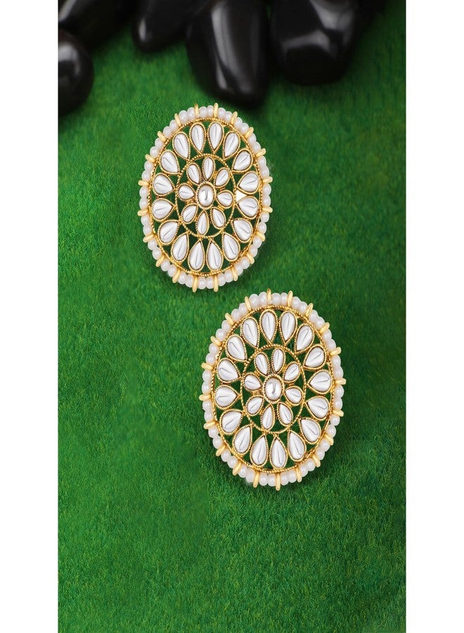 Peora White 18k Gold Plated Kundan Beads Studed Round Stud Earrings for Girls & Women - Image 2