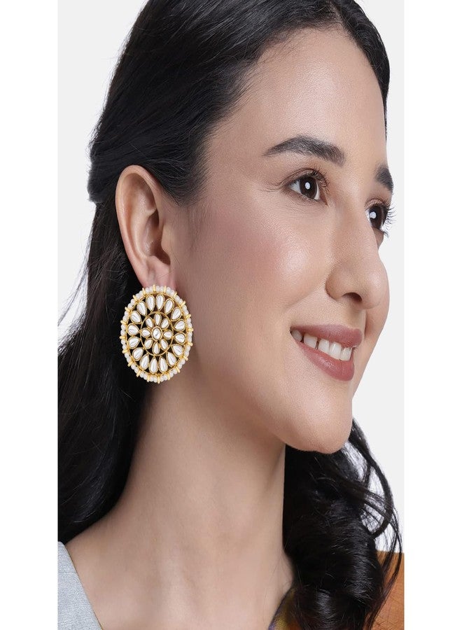 Peora White 18k Gold Plated Kundan Beads Studed Round Stud Earrings for Girls & Women - Image 3