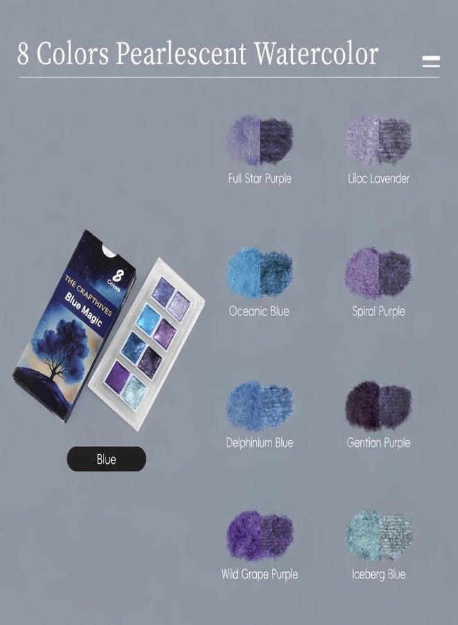 The Crafthives Shimmer Watercolor Set Blue and Purple Magic 8 Metallic Pearlescent Solid Colors for Painting Calligraphy Journaling Illustration DIY Crafts Artists and Kids - Image 4