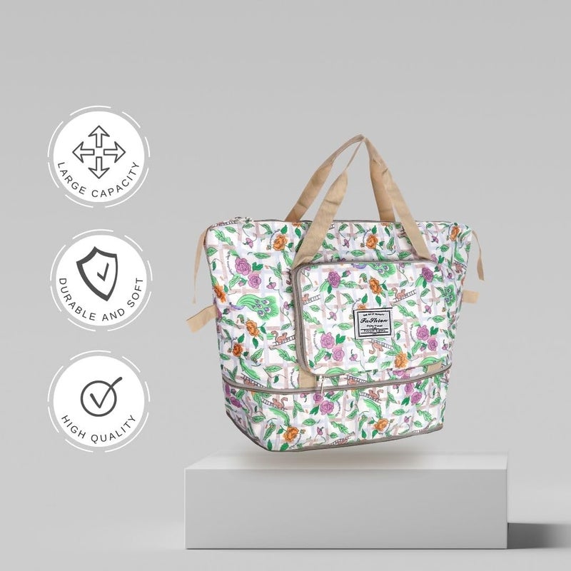 CHERRYLAND Womens Oxford Flower Printed Fabric 25 Cms Large Capacity Folding Large Capacity Foldable Travel Bag Lightweight Waterproof Carry Weekender Overnight Luggage Bag for Travel (Off White) - Image 4