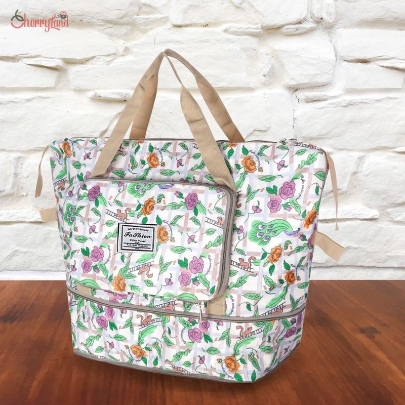 CHERRYLAND Womens Oxford Flower Printed Fabric 25 Cms Large Capacity Folding Large Capacity Foldable Travel Bag Lightweight Waterproof Carry Weekender Overnight Luggage Bag for Travel (Off White) - Image 3
