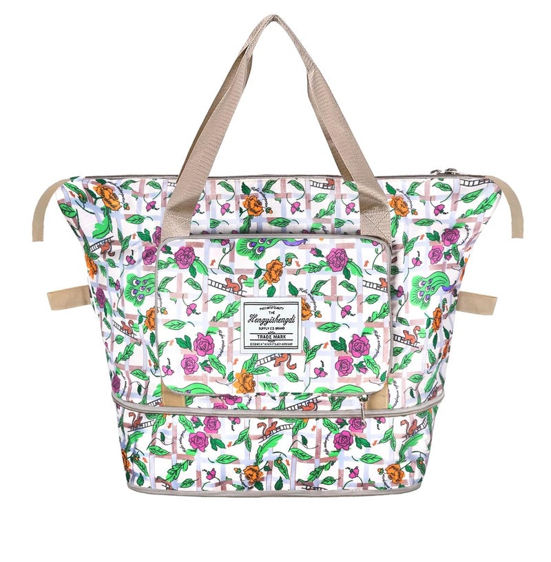 CHERRYLAND Womens Oxford Flower Printed Fabric 25 Cms Large Capacity Folding Large Capacity Foldable Travel Bag Lightweight Waterproof Carry Weekender Overnight Luggage Bag for Travel (Off White) - Image 1