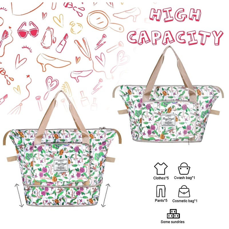 CHERRYLAND Womens Oxford Flower Printed Fabric 25 Cms Large Capacity Folding Large Capacity Foldable Travel Bag Lightweight Waterproof Carry Weekender Overnight Luggage Bag for Travel (Off White) - Image 2