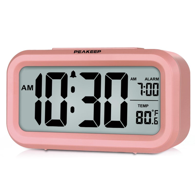Peakeep Night Light Digital Alarm Clock with Indoor Temperature Battery Operated Desk Small Clock Light Salmon Pink
