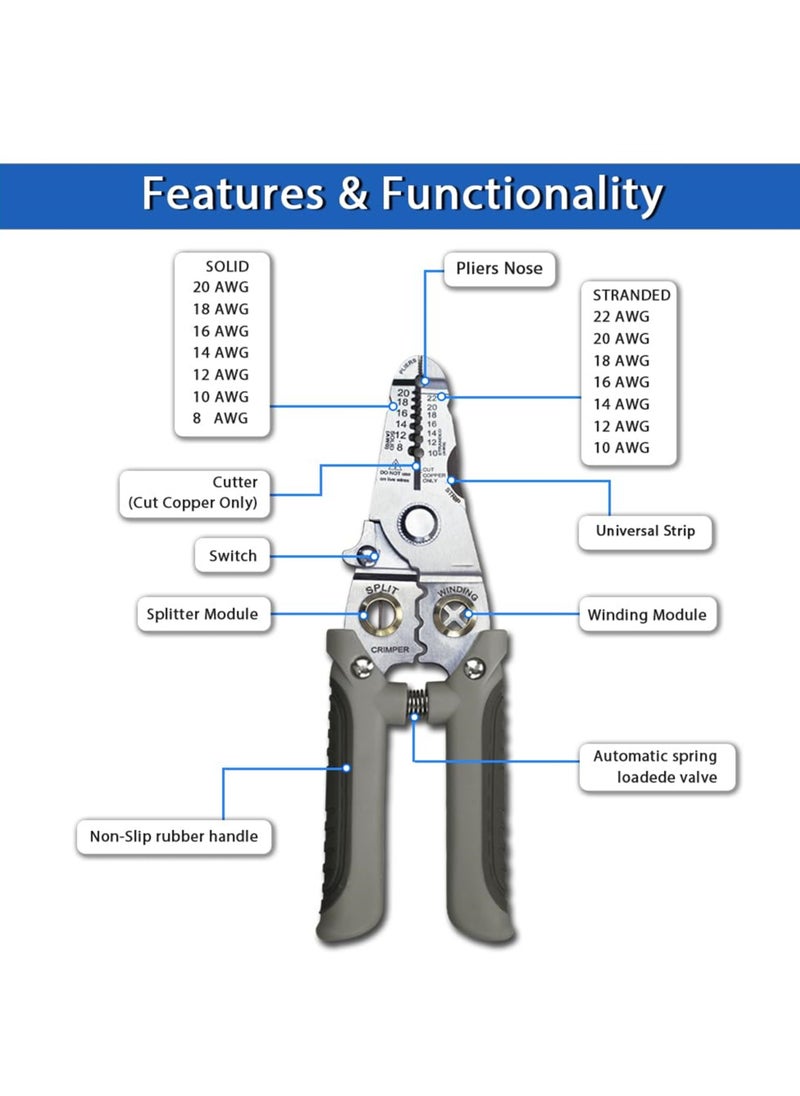 Generic - Multifunctional Wire Stripper and Cutter Pliers for 8-22 AWG Wires, Cable Crimper and Splitter, Essential Tool for Electricians and DIY Enthusiasts - Image 1