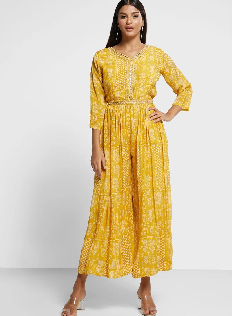 kolaba Embroidered Wide Leg Printed Jumpsuit