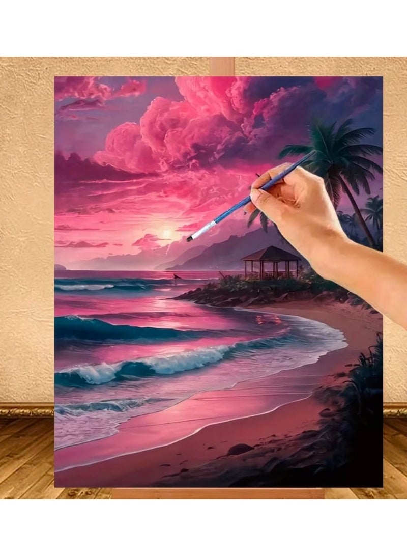 Paint by Numbers Kit – Tropical Sunset Beach with Pink and Purple Sky, Ocean Waves and Palm Trees – Complete DIY Painting Set with Numbered Paints and 3 Brushes