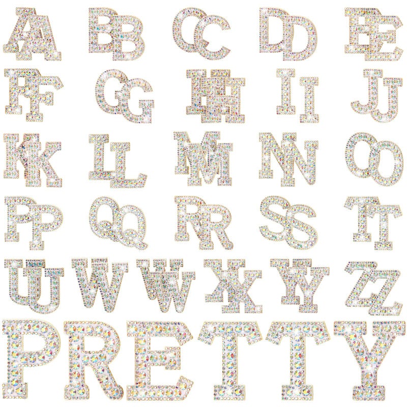 Youyole Youyole 52 Pcs Rhinestone Iron on Letter Az Rhinestone Iron on Patch White Bling Letters Alphabet Applique for Hats Bags Shirt Dress Clothes Fabric AB Colors Flat Style