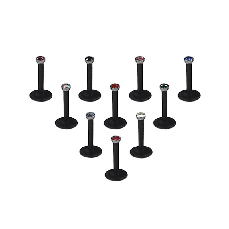 Ruifan 10PCS 16G Black UV Flexible Acrylic 2mm Mix Color CZ Gem Labret Monroe Lip Ring/Tragus/Helix/Cartilage Earring Stud Barbell,8mm Bar Length Body Piercing Jewelry - Image 1
