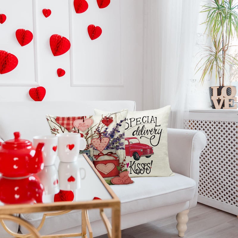 Hlonon Valentines Day Pillow Covers 18x18 Inch Set of 4 - Valentines Decorations Throw Pillow Covers Linen Pillow Case Zippered Square Pillowcase - Image 5