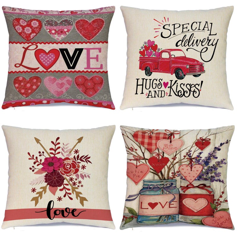 Hlonon Valentines Day Pillow Covers 18x18 Inch Set of 4 - Valentines Decorations Throw Pillow Covers Linen Pillow Case Zippered Square Pillowcase - Image 1