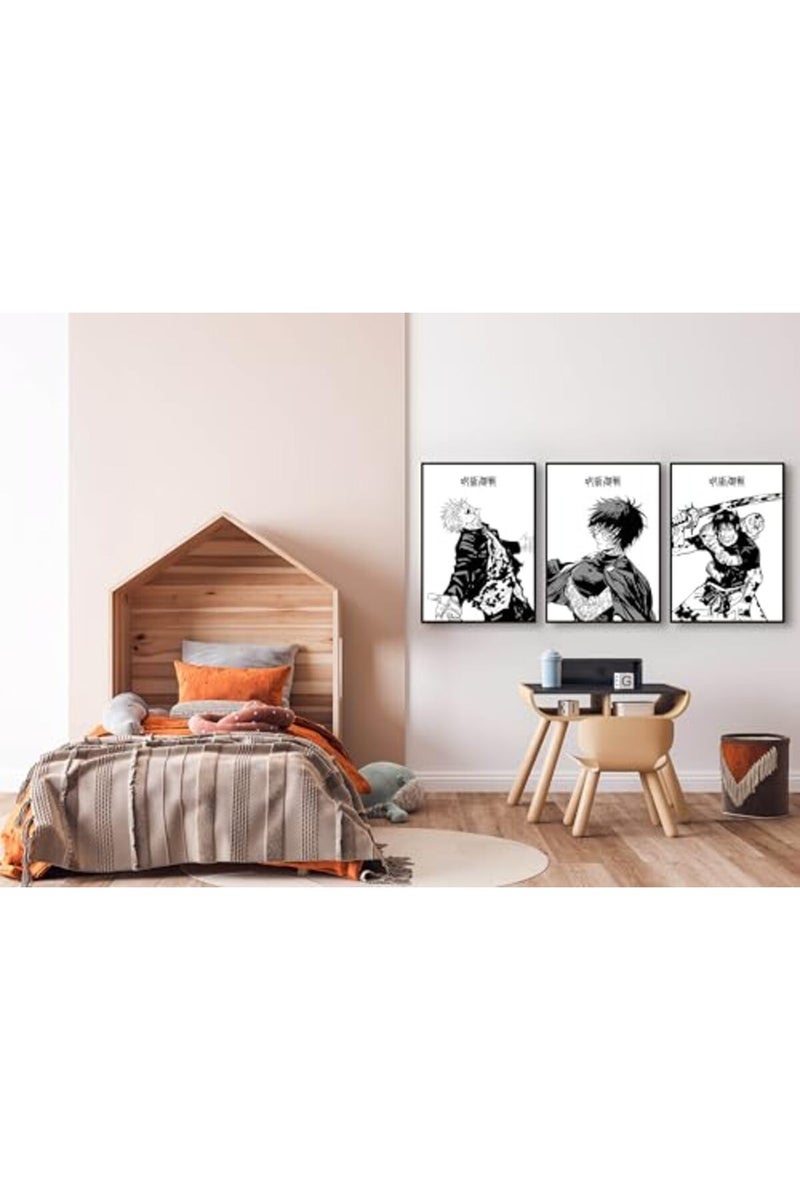 Home Trove بوستر أنمي ياباني 3 قطع من HOME TROVE، فن جدار قماش جوجو ساتورو، فن مانغا بالأبيض والأسود كينجي هاكاري، طباعة لوحات لتزيين الغرفة، هدية لعشاق الأنمي 12''x16'' بدون إطار - Image 2