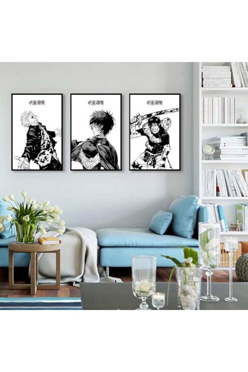 Home Trove بوستر أنمي ياباني 3 قطع من HOME TROVE، فن جدار قماش جوجو ساتورو، فن مانغا بالأبيض والأسود كينجي هاكاري، طباعة لوحات لتزيين الغرفة، هدية لعشاق الأنمي 12''x16'' بدون إطار - Image 3
