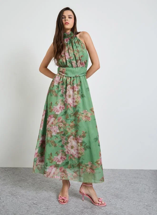 تايك تو Multi-Color Graphic Print Ruched Details A-Line maxi Dress