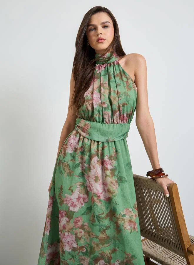 تايك تو Multi-Color Graphic Print Ruched Details A-Line maxi Dress
