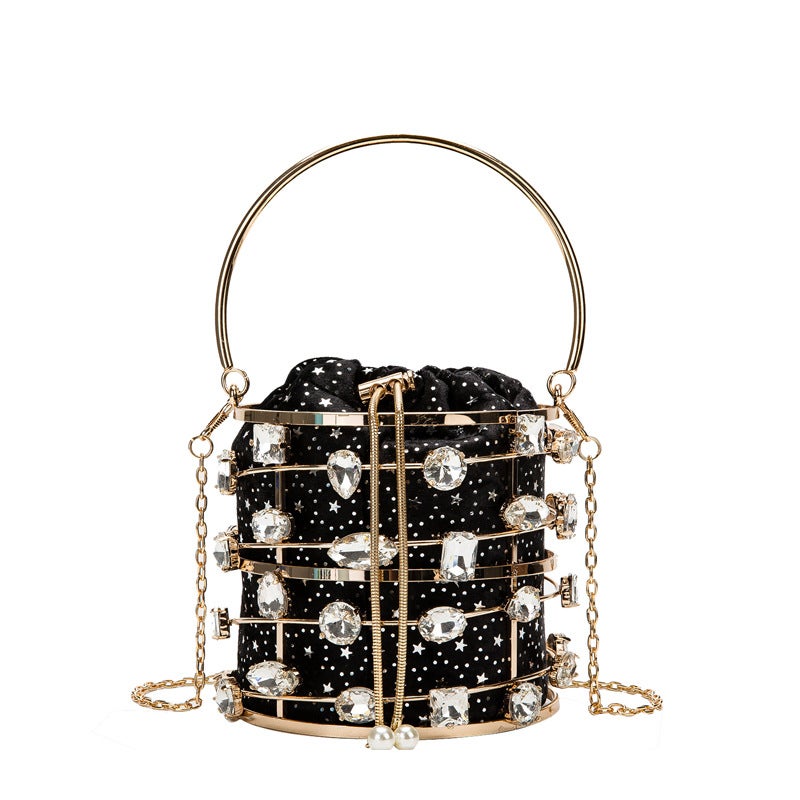 2020 New Metal Hollow Diamond Handbag Velvet Dinner Bucket Bag Pearl Bracelet Bag Women'S Bag - Image 5