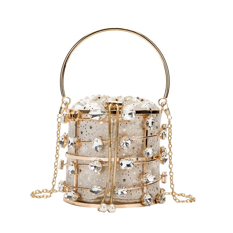 2020 New Metal Hollow Diamond Handbag Velvet Dinner Bucket Bag Pearl Bracelet Bag Women'S Bag - Image 2