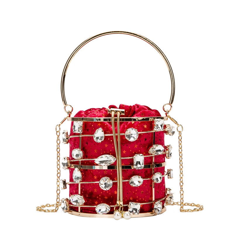 2020 New Metal Hollow Diamond Handbag Velvet Dinner Bucket Bag Pearl Bracelet Bag Women'S Bag - Image 1